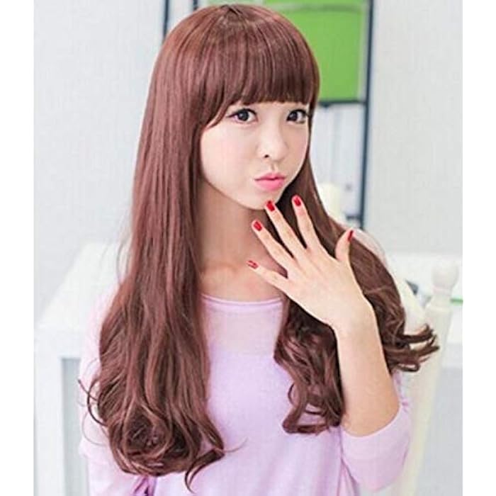 DILLARDS Fluffy Long Curls Flat Bangs Slightly Curled Wig Brown For Girls & Women-H053 - Image 1